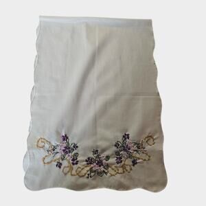 Vintage Hand Embroidered Purple Floral Table Runner 43 x 14.5 Spring Easter